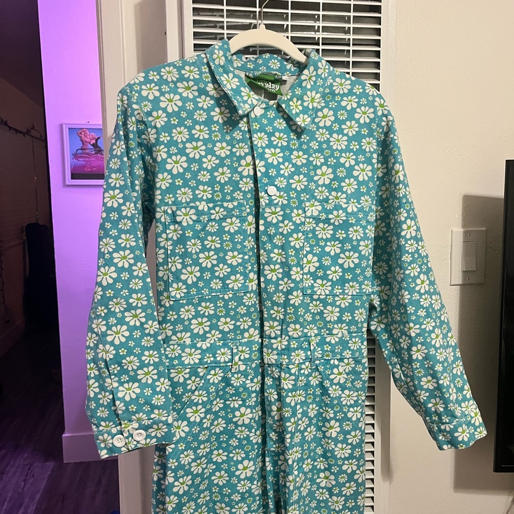 Big Bud Press Blue Floral Jumpsuit (M, worn a bunch- cute + comfy!) LAZY DAISY - Picture 2 of 6